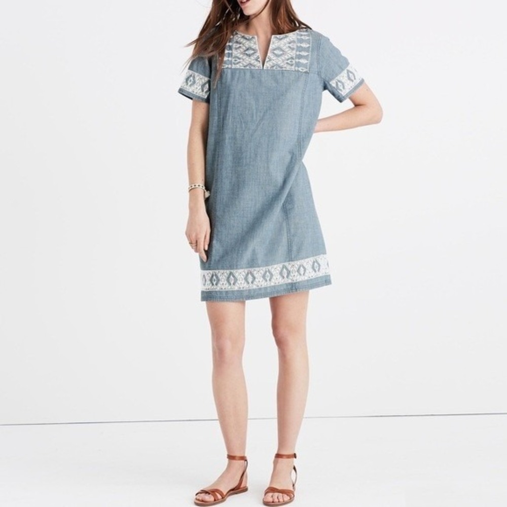 Madewell Womens Embroidered Denim‎ Chambray Shift Dress Cottagecore Folk Size XL